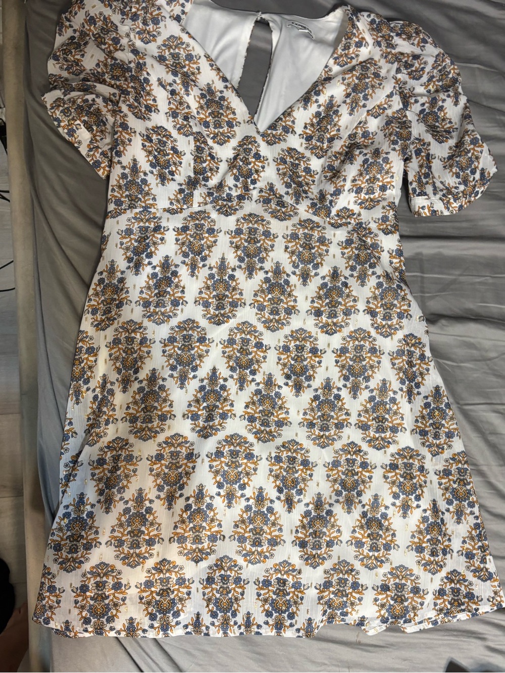 Express White Mini Dress with Blue & Gold Floral Print